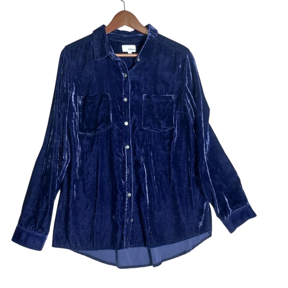 Soma Blue Velvet Button Front Long‎ Sleeve Top Womans Size Latge